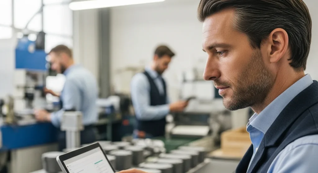 A manager uses a tablet to see why ERP for small business manufacturing is crucial for growth in a modern factory.