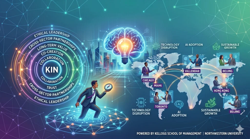 A digital illustration featuring a businessman holding a compass, standing between glowing circles detailing the Kellogg Innovation Network principles and a connected world map highlighting global leadership hubs, all beneath a glowing lightbulb inside a brain.