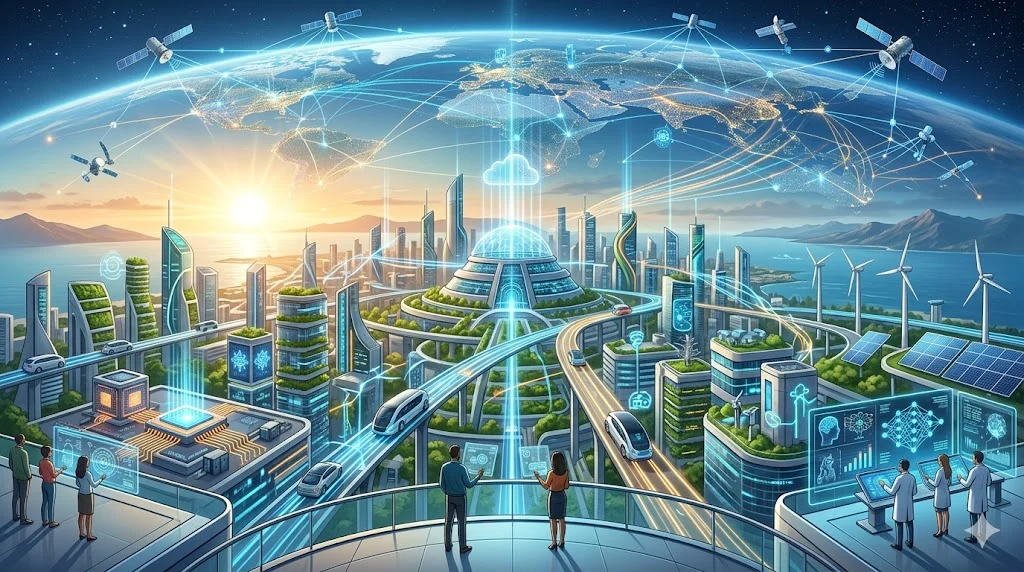 An infographic titled "WHAT ARE THE MAJOR TRENDS IN TECHNOLOGY?" that shows a complex digital landscape with a central glowing brain and lightbulb above a futuristic city. On the left, a businessman with a compass stands before concentric rings labeled with values like Trust, Collaboration, and Ethical Leadership. On the right, a world map is labeled "GLOBAL LEADERSHIP NETWORK" with connections linking cities like Vallendar, Chicago, Toronto, Miami, Hong Kong, and Beijing. Floating bubbles around the map indicate major trends: TECHNOLOGY DISRUPTION, AI ADOPTION, and SUSTAINABLE GROWTH. The bottom features text, "POWERED BY KELLOGG SCHOOL OF MANAGEMENT | NORTHWESTERN UNIVERSITY."