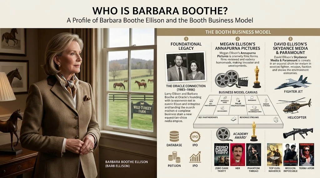 An infographic titled "Who is Barbara Boothe?", featuring a profile of Barbara Boothe Ellison and detailing "The Boothe Business Model," including its six key principles and its connection to the Kellogg School of Management.