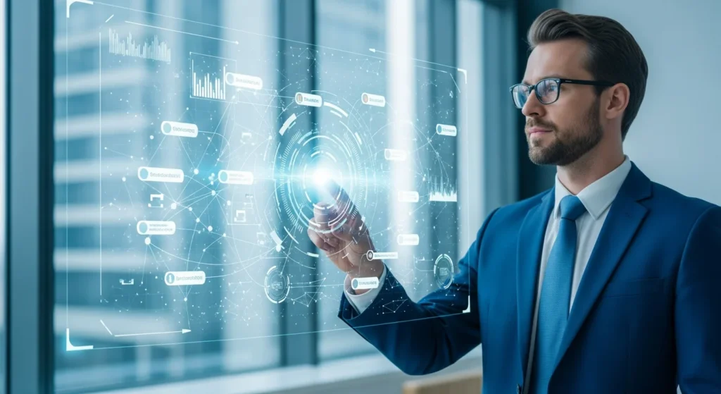 Professional man utilizing adaptive network control to optimize modern business infrastructure on a digital display.