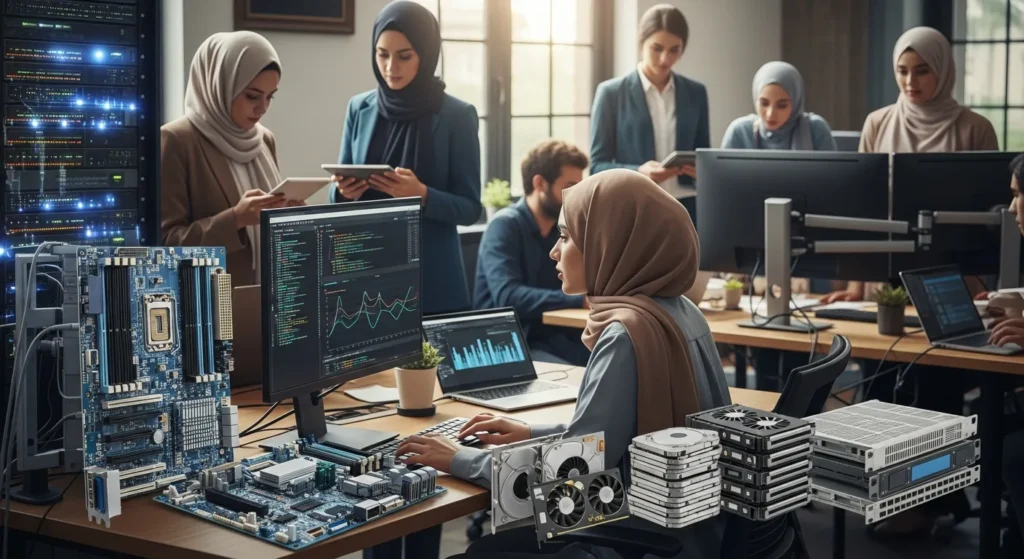 Diverse office showing all computer resources: server racks, motherboards, GPUs, HDDs, server units, and laptops.