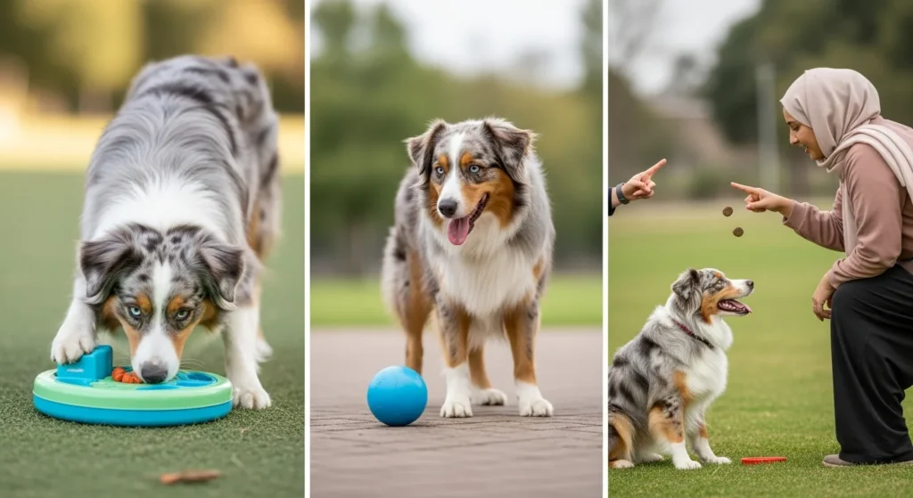 Are Australian shepherds smart? Photos of an Aussie solving a puzzle, posing with a ball, and doing tricks.