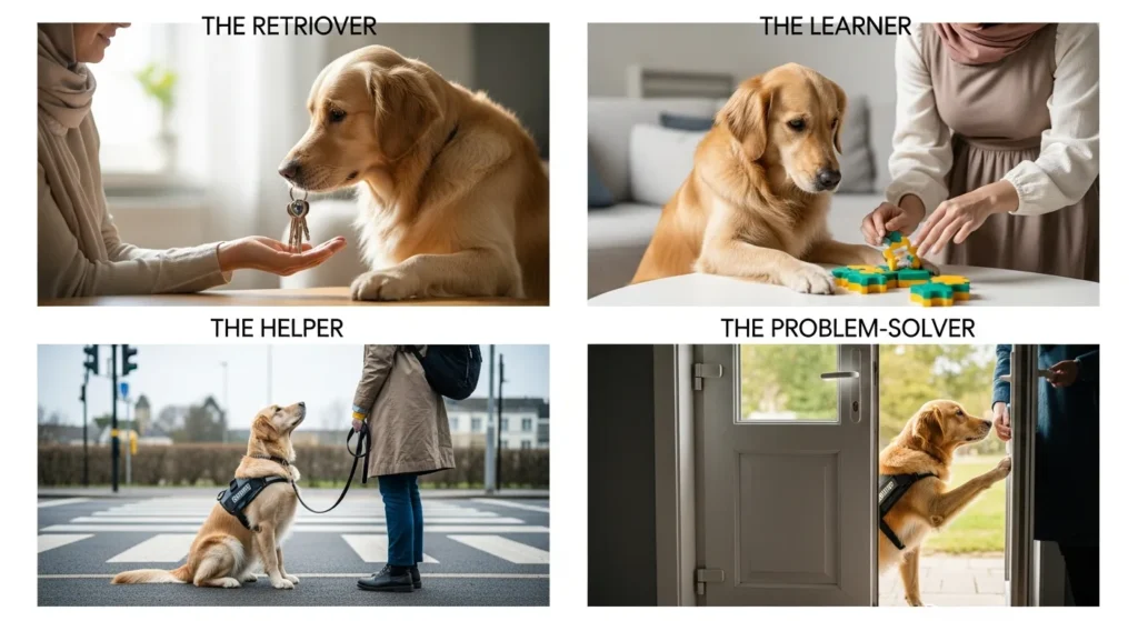 Four panels showing golden retrievers retrieving, learning, and helping, illustrating: are golden retrievers smart?
