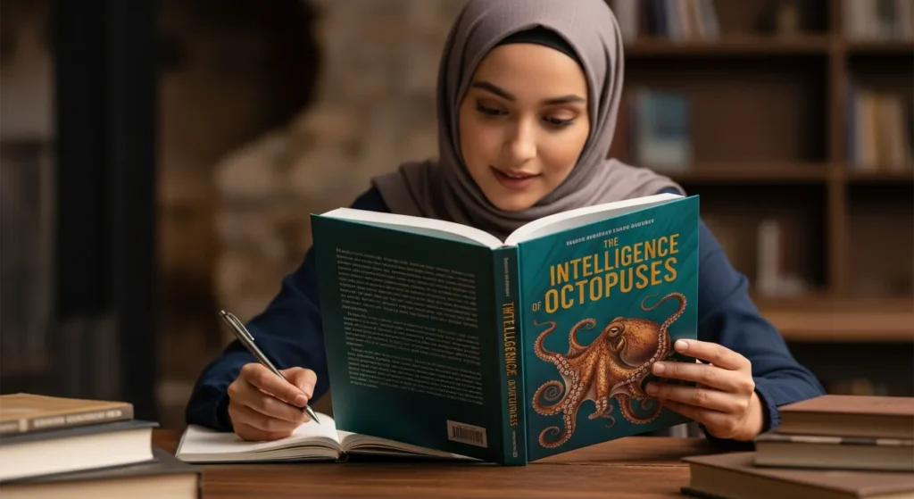 A woman reading 'The Intelligence of Octopuses' in a library. Are octopus smart? Learning about marine biology.