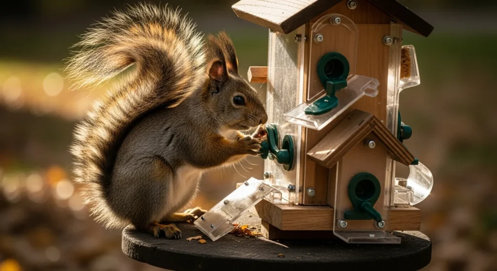 A squirrel solves a complex puzzle feeder, illustrating the query: are squirrels smart?