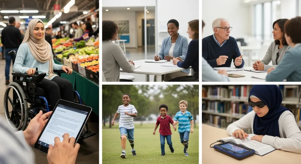 Collage showing diverse people using assistive technology like wheelchairs, prosthetic limbs, and specialized eyewear.