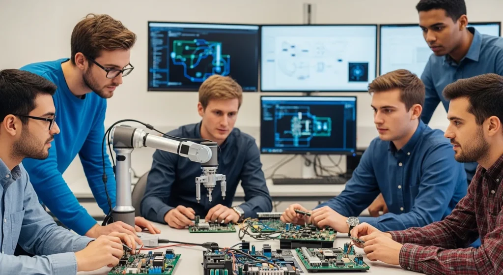 Engineering students collaborating in a lab at one of the best computer engineering schools.
