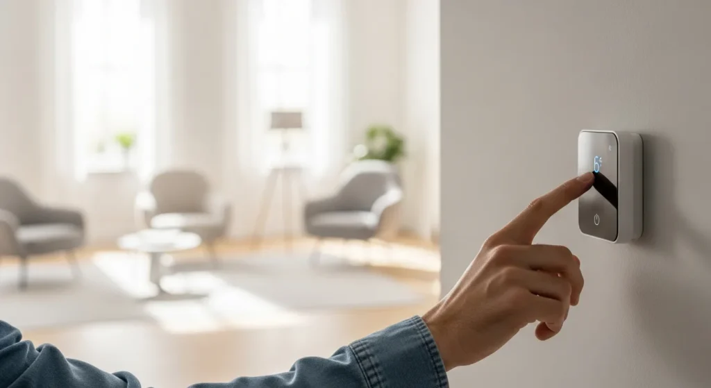 A man adjusting a sleek digital display to find the best smart thermostat 2025 for his modern home.