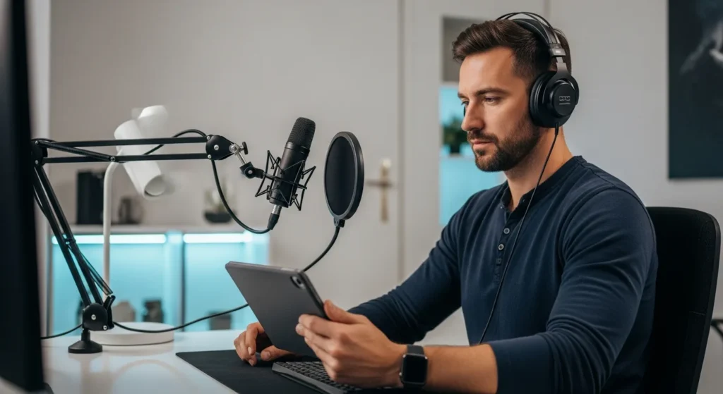 A man wearing headphones listening to the best technology podcasts 2026 for deep industry insights.