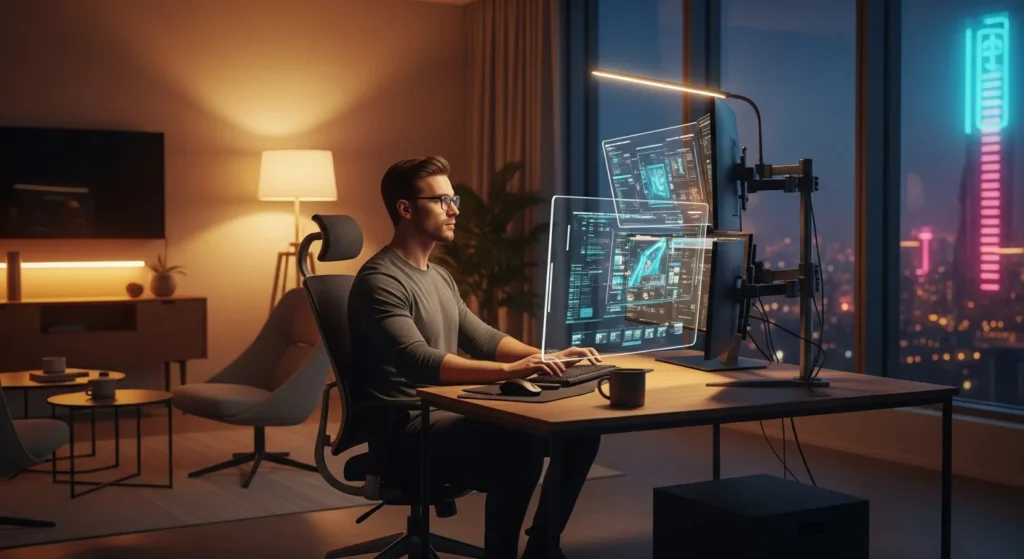 A professional big booty tech nerd working at a sleek, futuristic 2026 high-performance workstation.