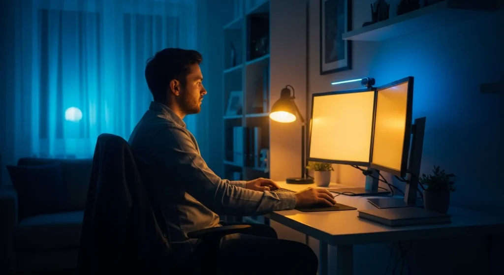 Man working in a modern office using a blue light filter for computer screen to reduce digital eye strain.
