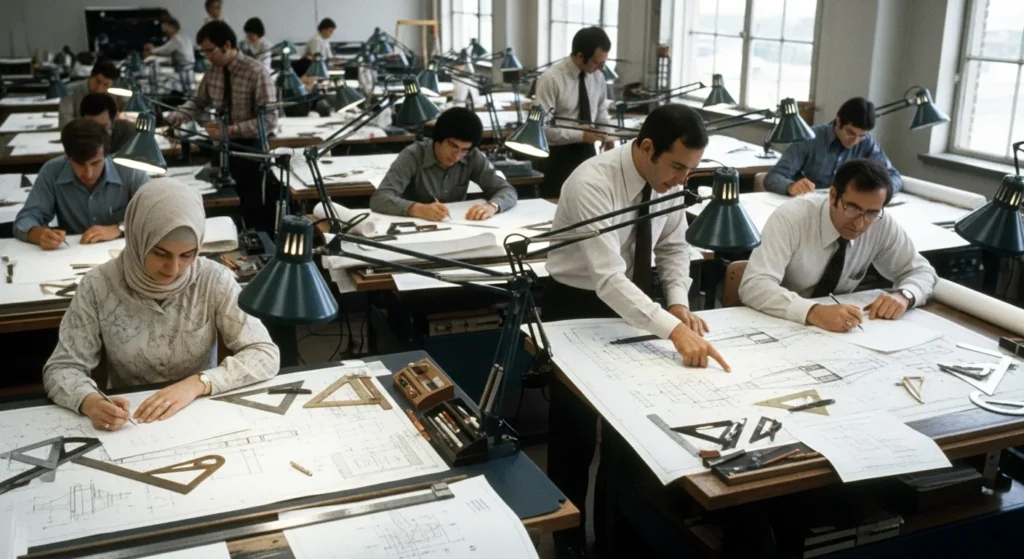Engineers working on technical drawings in a Boeing drafting room with drafting tools and green task lamps.