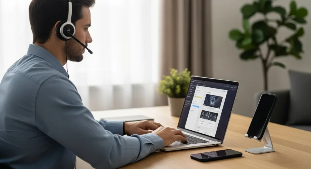 A man wearing a headset while learning how to call phone from computer using a laptop at a modern desk.