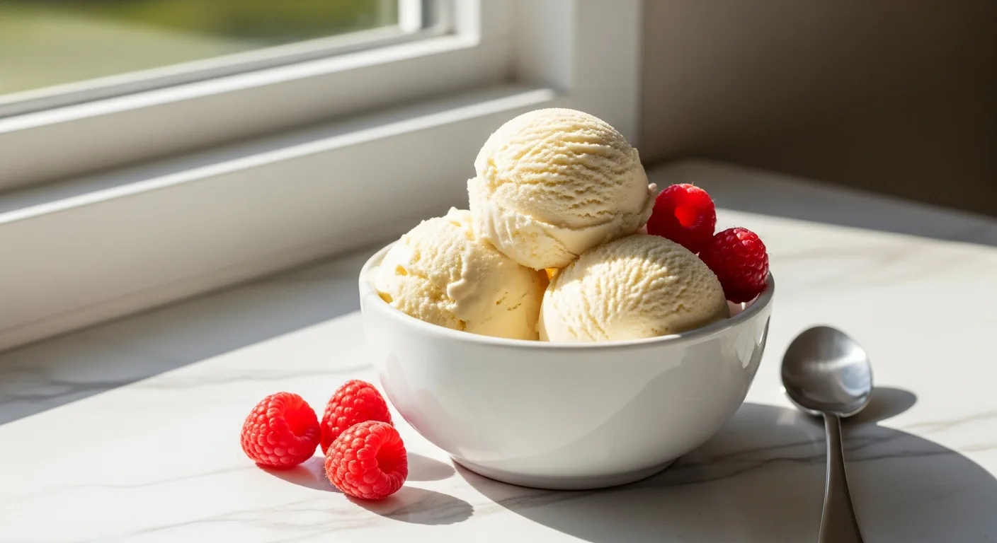 A bowl of vanilla carb smart ice cream with a silver spoon on a rustic wooden table.