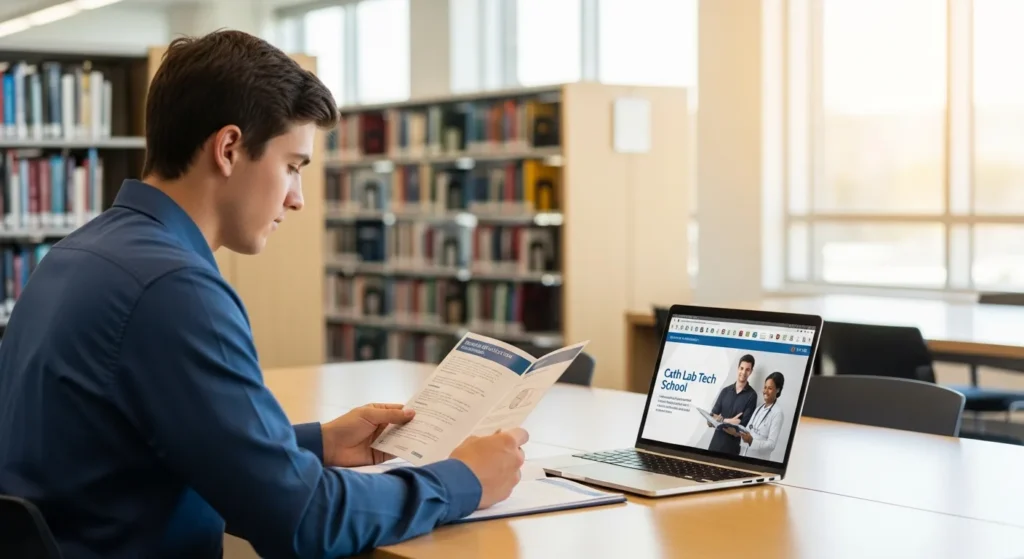 A male student researching a cath lab tech school on a laptop in a modern medical library setting.