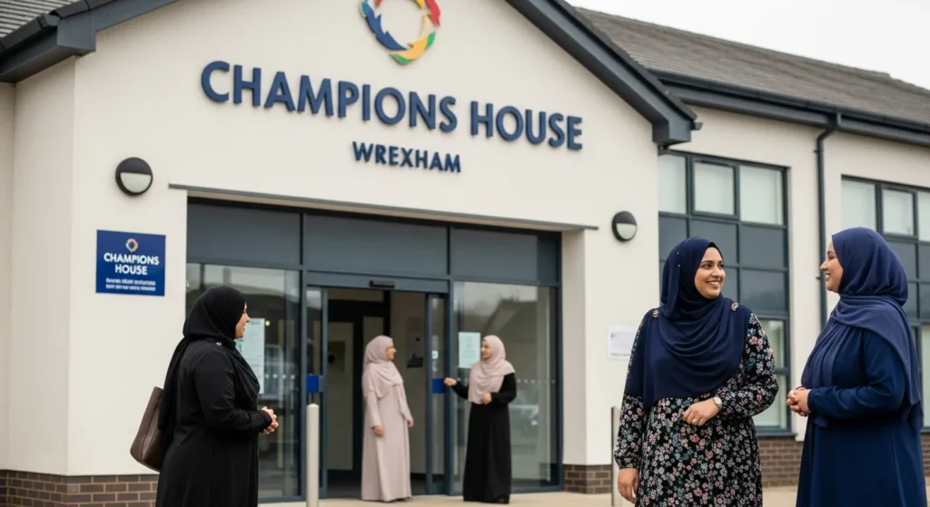 Women in hijabs standing and talking outside the entrance of Champions House Wrexham.