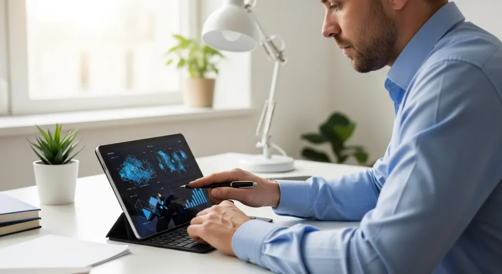 A man reviewing the latest civic tech news on a modern tablet to understand digital democracy trends.