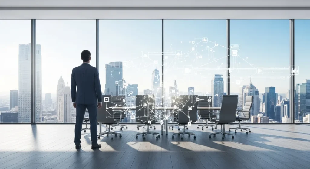 A businessman in a modern office analyzing data through cloud technology services for enterprise growth.