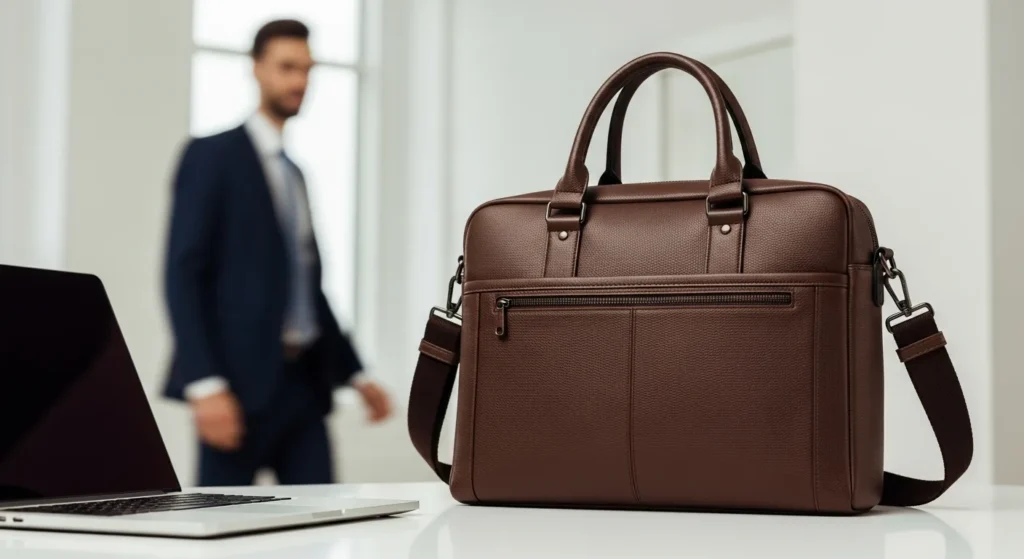 A professional leather computer bag for women featuring multiple compartments on a modern office desk.