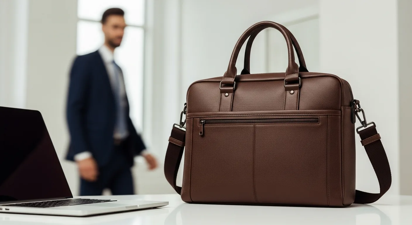 A professional leather computer bag for women featuring multiple compartments on a modern office desk.