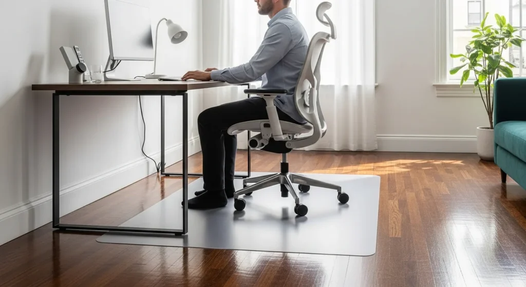 A transparent computer chair mat protecting a hardwood floor under a modern ergonomic office chair.