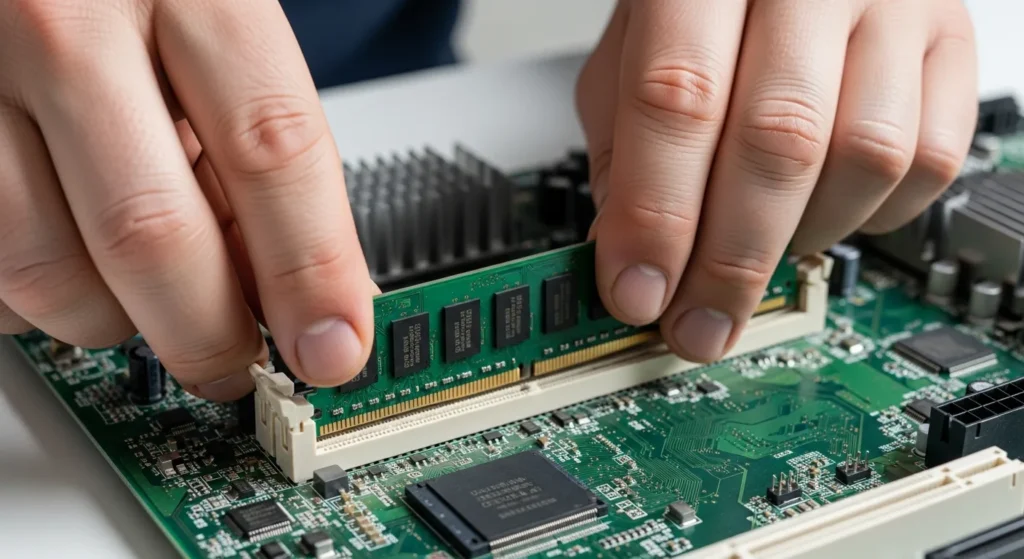A close-up of a high-speed computer memory unit RAM module being installed into a professional motherboard.