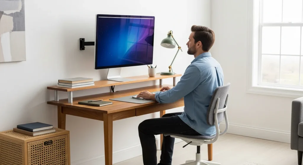 Modern home office featuring a sleek computer monitor wall mount to maximize desk space and ergonomics.