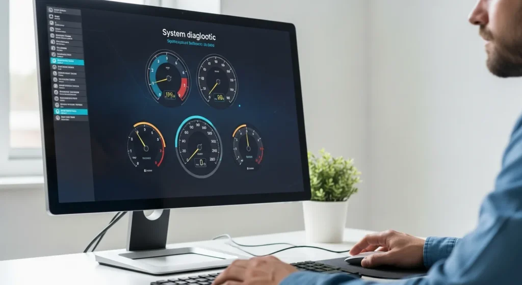 A professional conducting a computer performance test on a desktop monitor to optimize and speed up PC performance.