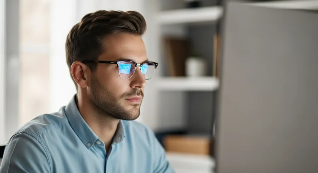 A man focusing intently on a digital screen while wearing computer reading glasses to reduce eye strain.