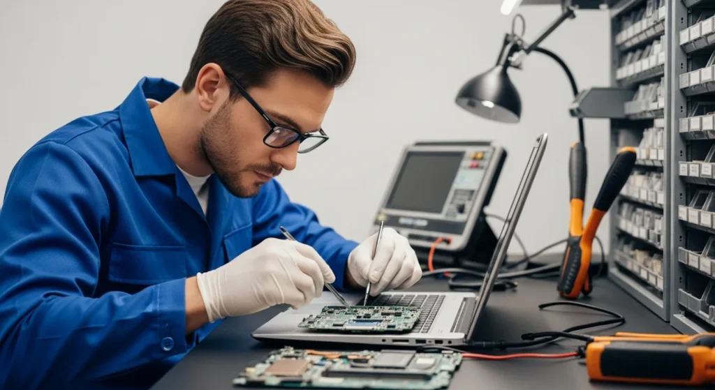 A professional technician inspecting internal hardware components at a reliable computer repair service center.