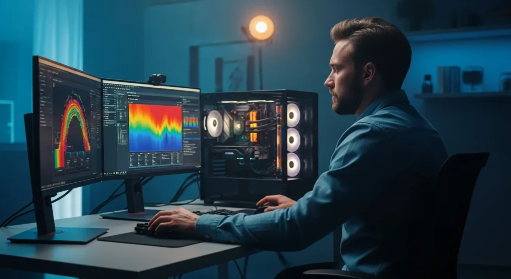 A man monitoring a computer stress test on a high-performance desktop PC to ensure system stability.
