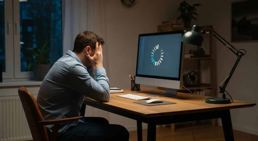 A frustrated man looking at a desktop monitor while his computer stuck restarting in a continuous loop.