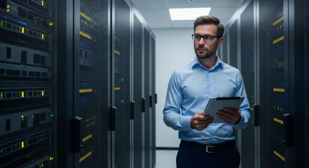 A professional providing expert computer support and services for a modern enterprise workspace.