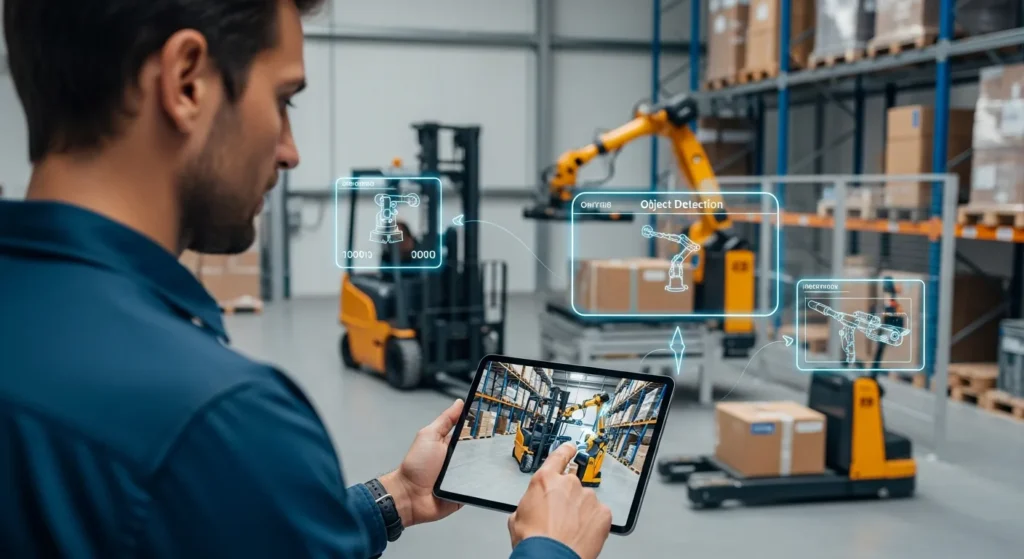 A professional analyzing enterprise logistics data using advanced computer vision solutions in a modern warehouse.