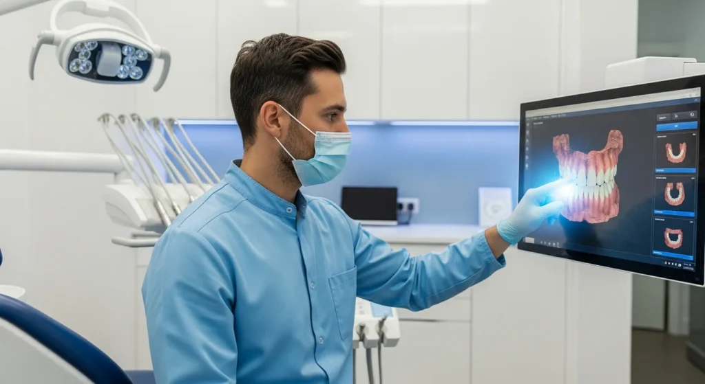 A male dentist reviews 3D imaging using advanced dental technology near me in a modern clinic.