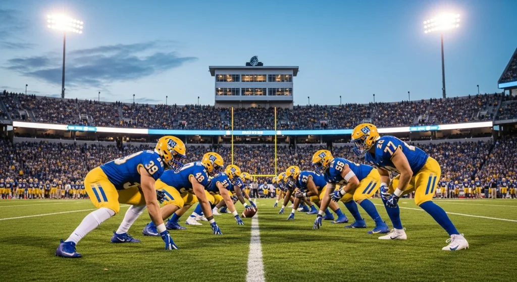 A cinematic shot of a football stadium illustrating a Duke vs Georgia Tech prediction for the 2026 season.