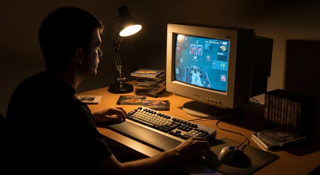 A collection of classic early 2000s computer games on a desk next to a vintage CRT monitor.