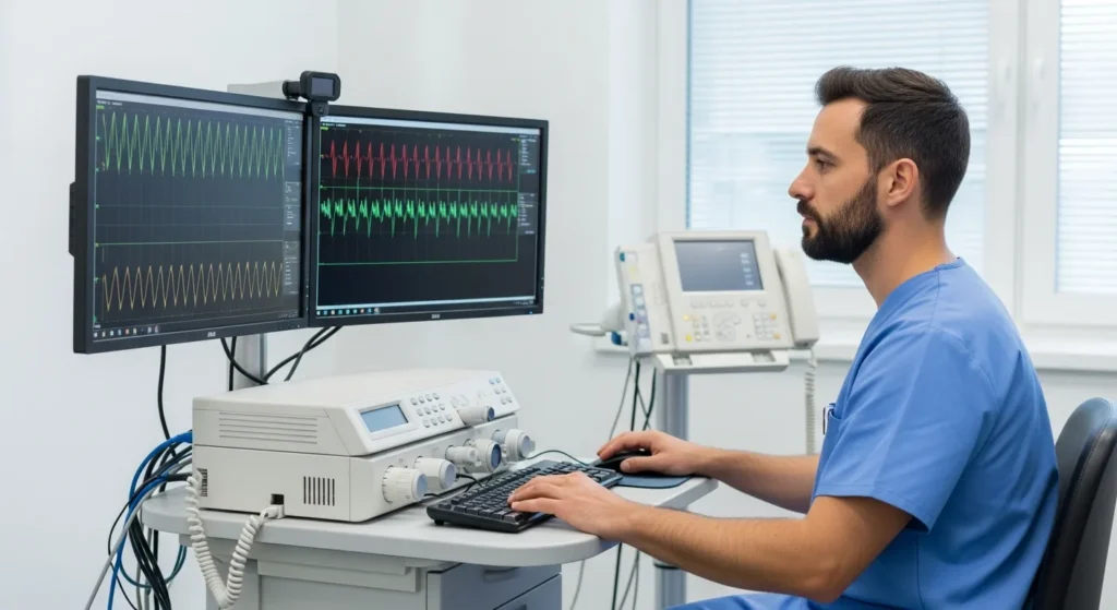 A professional male technician in a clinical setting analyzing data related to the average eeg tech salary.