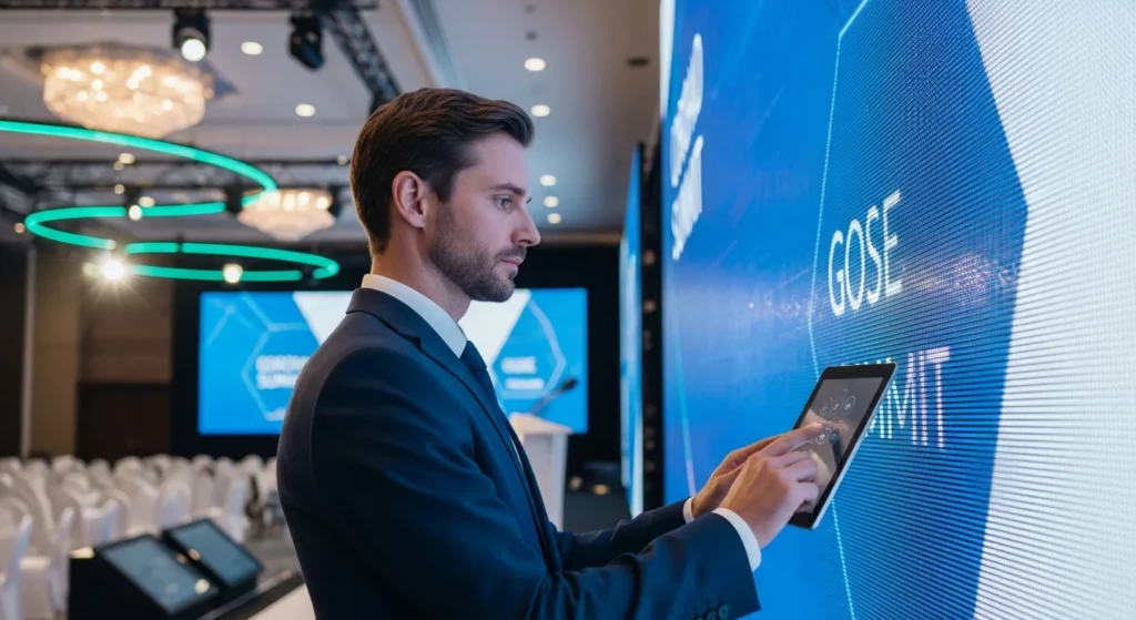 Professional man reviewing digital dashboards from an event technology service at a corporate conference.
