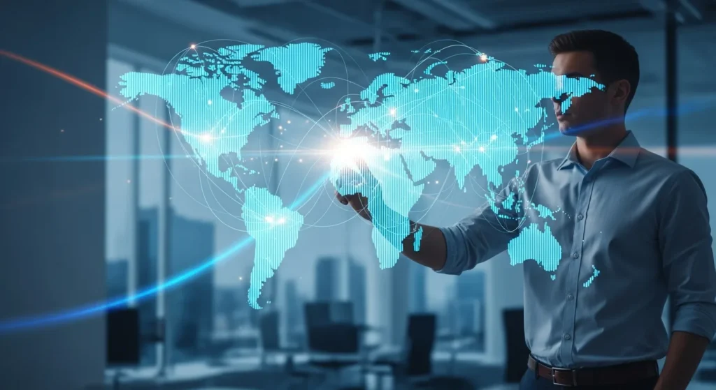 A professional man analyzing the ftasiaeconomy tech trend on a glowing digital global market interface.