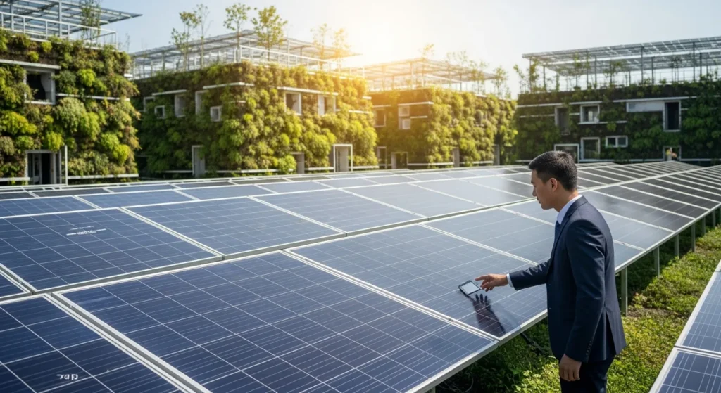 Modern green technology innovations showcasing solar panels and urban vertical gardens in a sustainable city.