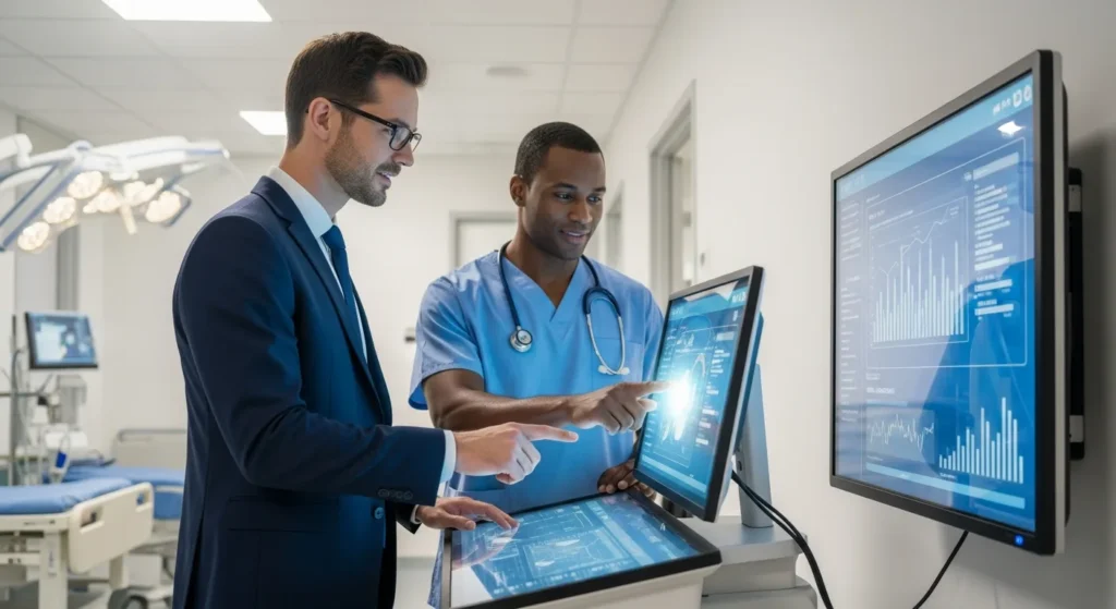 A professional providing healthcare technology consulting while reviewing digital medical data with a male doctor.