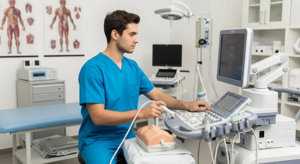 A male student studying in a clinical setting to learn how long is ultrasound tech school for certification.