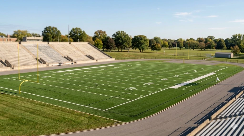 A large green turf stadium field showing how many acres is a football field with goalposts and yard markers.