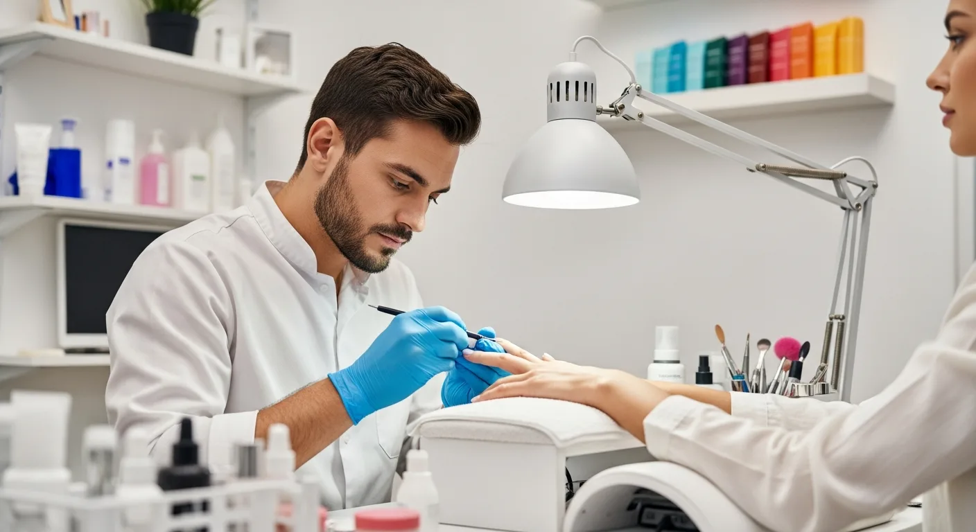 A professional male nail technician in a modern salon setting, illustrating how much does a nail tech make.