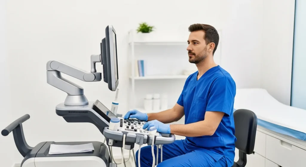 Male sonographer at a modern workstation, illustrating how much does ultrasound tech make as an average salary.