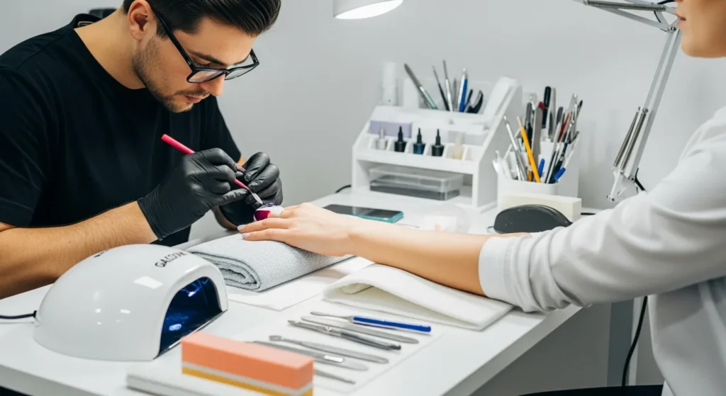 A male professional practicing on a training hand while learning how to become a nail tech in a modern salon.