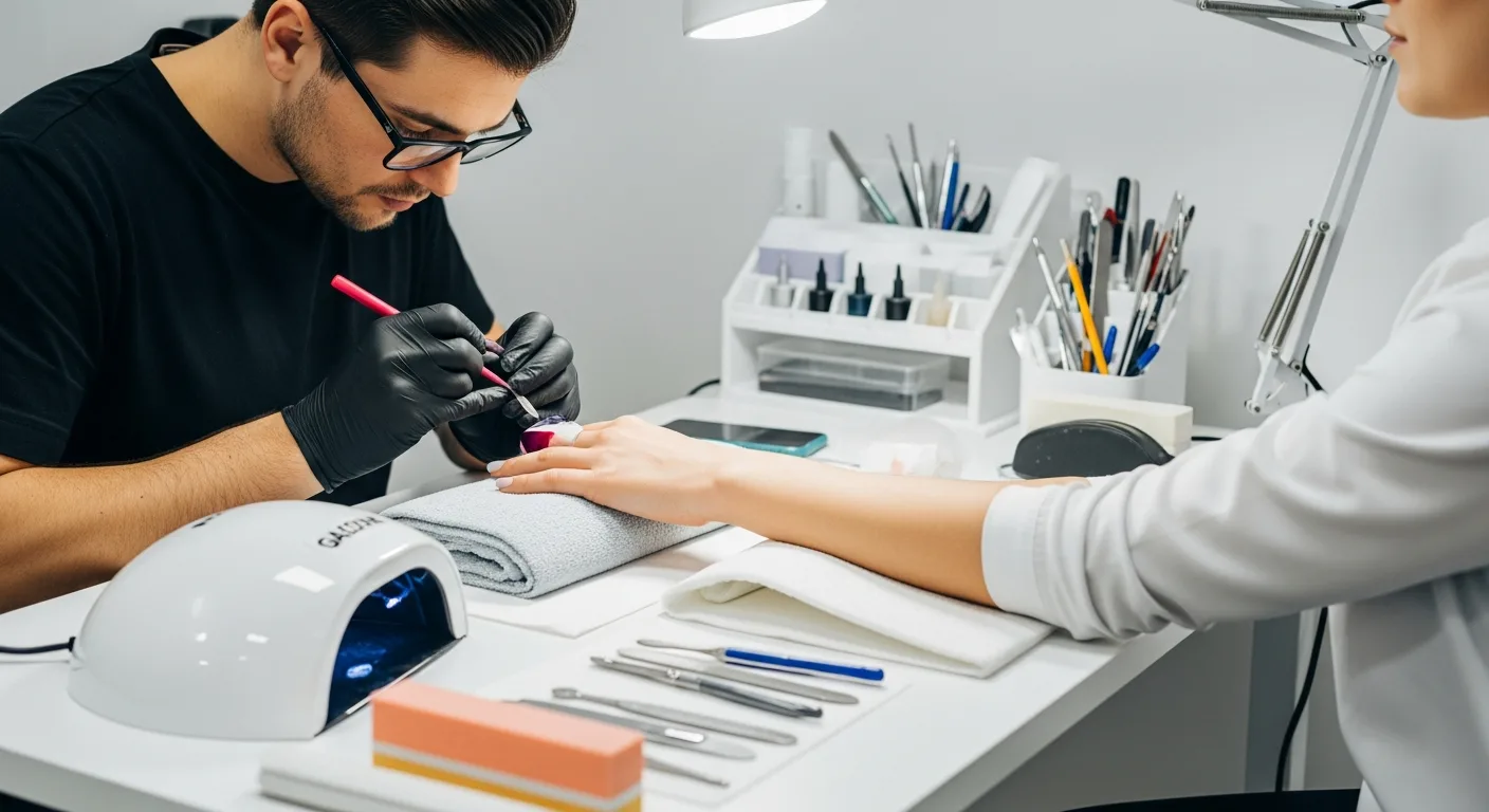 A male professional practicing on a training hand while learning how to become a nail tech in a modern salon.