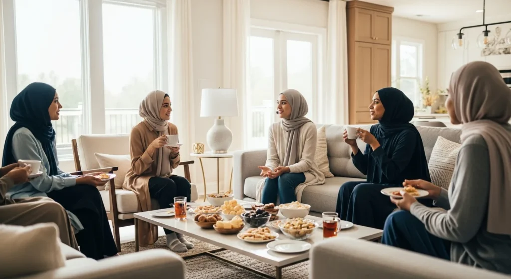 Five women in hijabs gathered in a bright living room, showcasing a sociality house setting with tea and snacks.